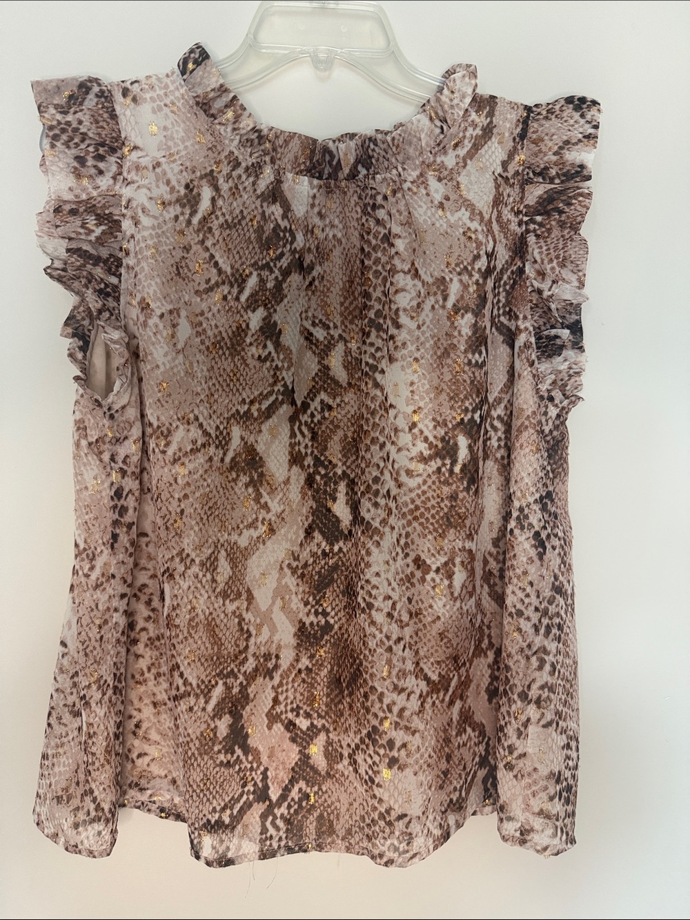 Sleeveless Snake-Print Ruffle Shell Top in Brown